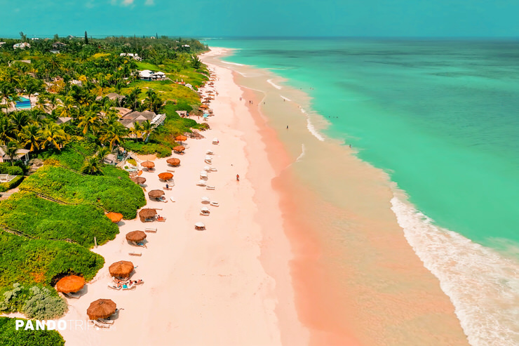 Pink sandy beach extends into the distance, peaceful coastline