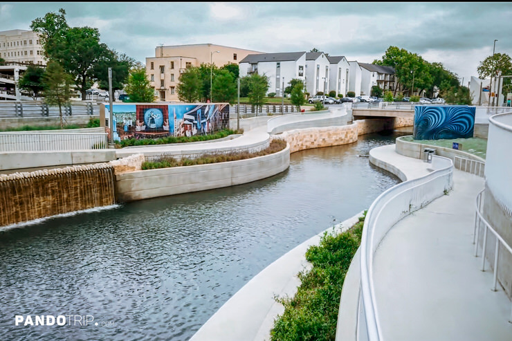 San Pedro Creek curved concrete pathways that follow the flow of the creek