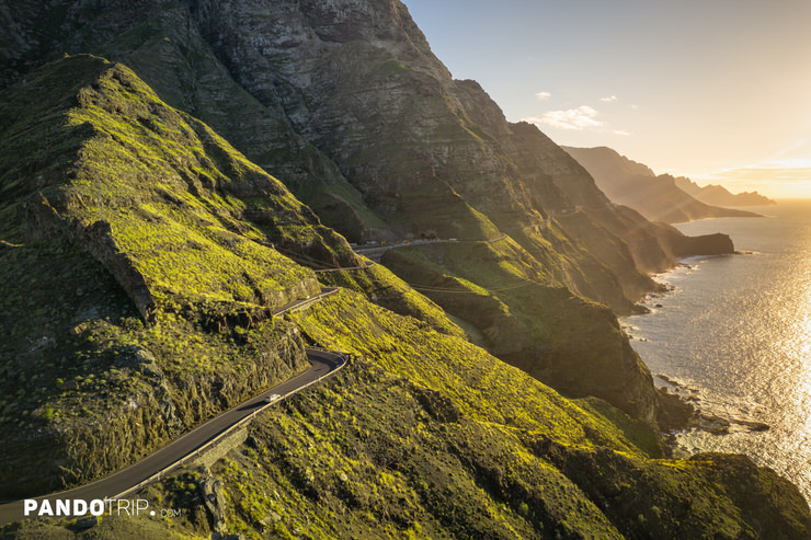 Winding coastal road along steep green cliffs in Gran Canaria during sunset