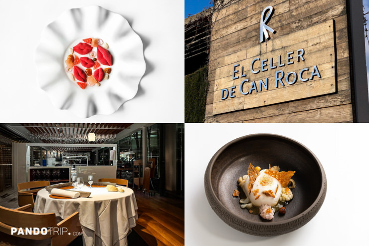 Collage showing food, interior, and exterior of El Celler de Can Roca restaurant in Girona, Spain