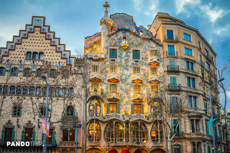 Facade of Casa Batlló and neighboring Casa Amatller on Passeig de Gràcia in Barcelona.