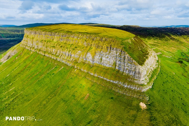 Drone shot of Benbulbin’s flat summit and dramatic green slopes in Ireland