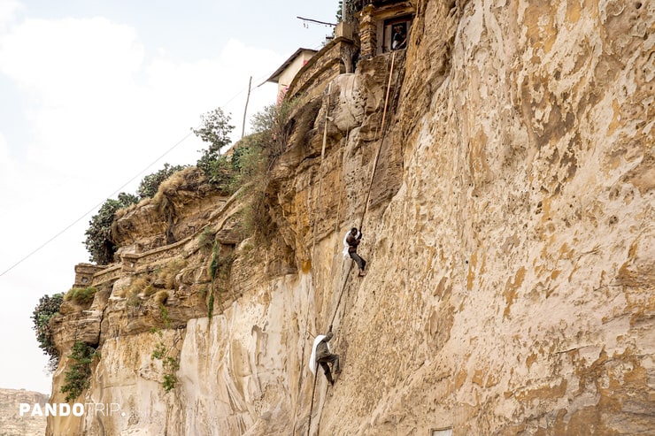 Monks Ascending Rope to Enter Debre Damo Monastery