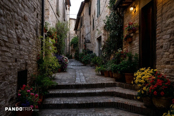 Staircase Street with Vibrant Flowers in Spello’s Old Town
