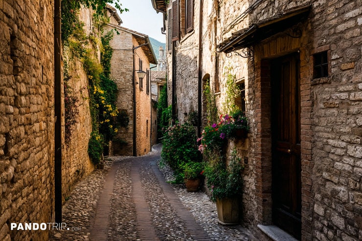 Sunlit Alley in Spello with Colorful Flowers and Stone Houses
