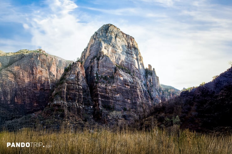 Scenic view of The Great White Throne illuminated by morning light in Zion National Park, Utah