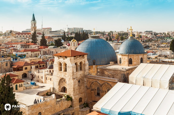 Roof domes and stone structures of the Church of the Holy Sepulchre, viewed from above