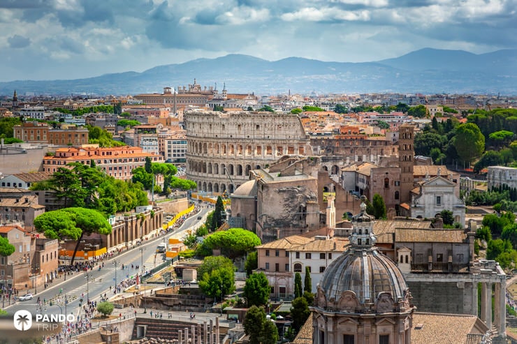 Wide-angle aerial view of the Colosseum and surrounding ruins in central Rome
