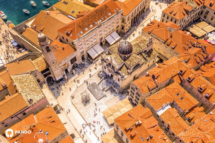 Aerial view of Luža Square in Dubrovnik with the Bell Tower and Church of St. Blaise