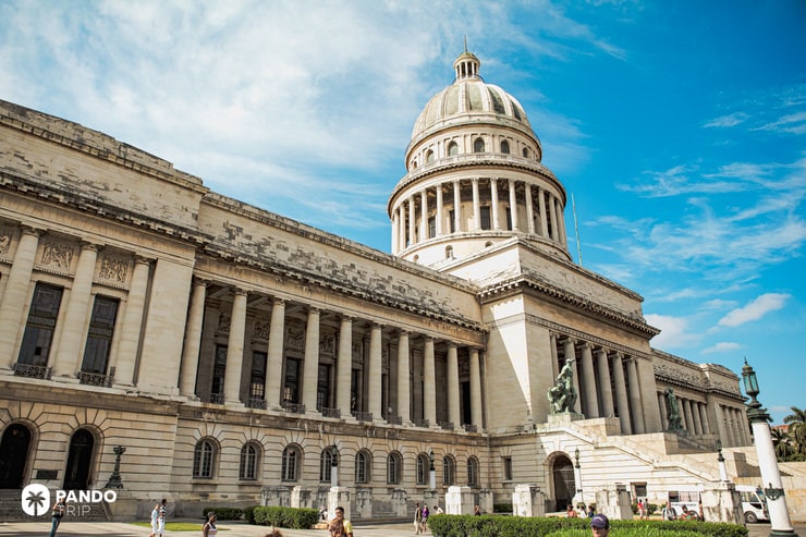 View of the grand Capitol building in Havana with neoclassical columns and dome