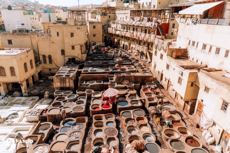Traditional leather dyeing pits of the Chouara Tannery surrounded by old medina buildings in Fes el-Bali
