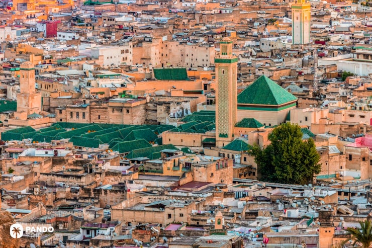 Aerial view over the dense rooftops of Fes el-Bali with green-tiled mosques scattered throughout the medina
