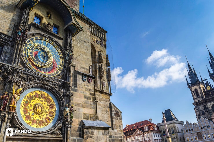 Detailed view of the Prague astronomical clock mounted on the Old Town Hall tower