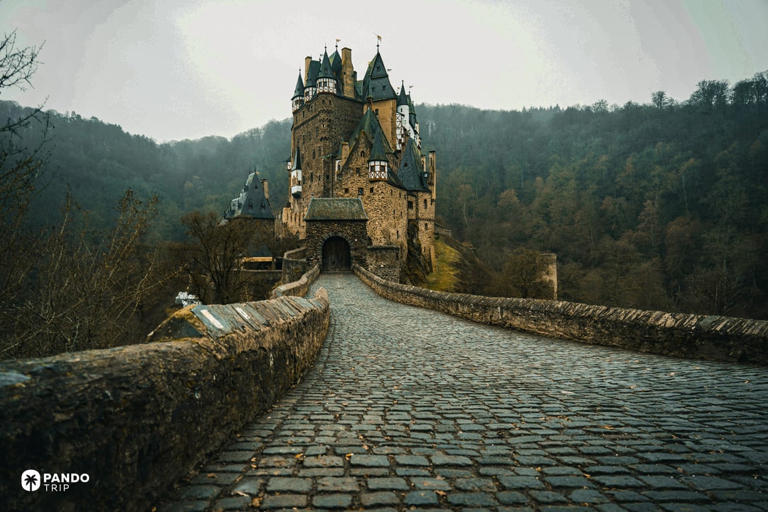 Medieval Eltz Castle at dawn with cobbled bridge and misty Moselle forest backdrop.