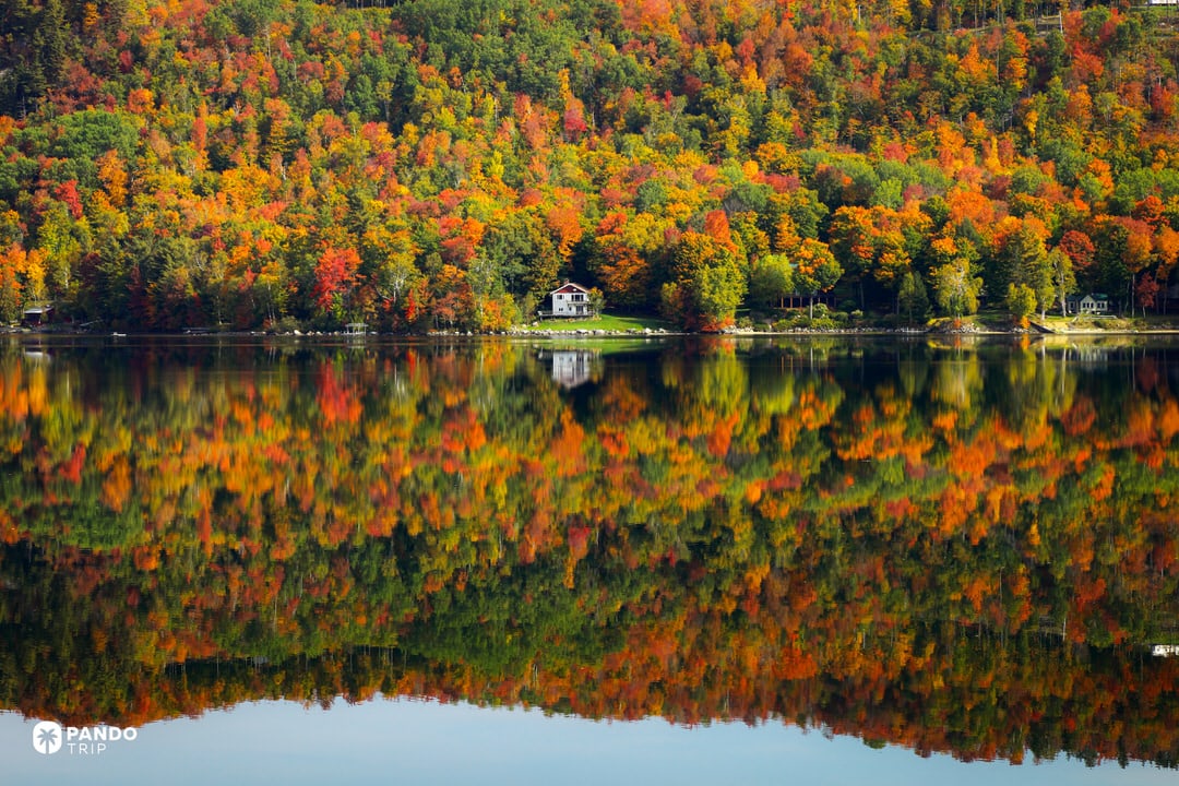 Peak fall foliage reflected on Crystal Lake in Barton, Vermont, with a lakeside cabin.