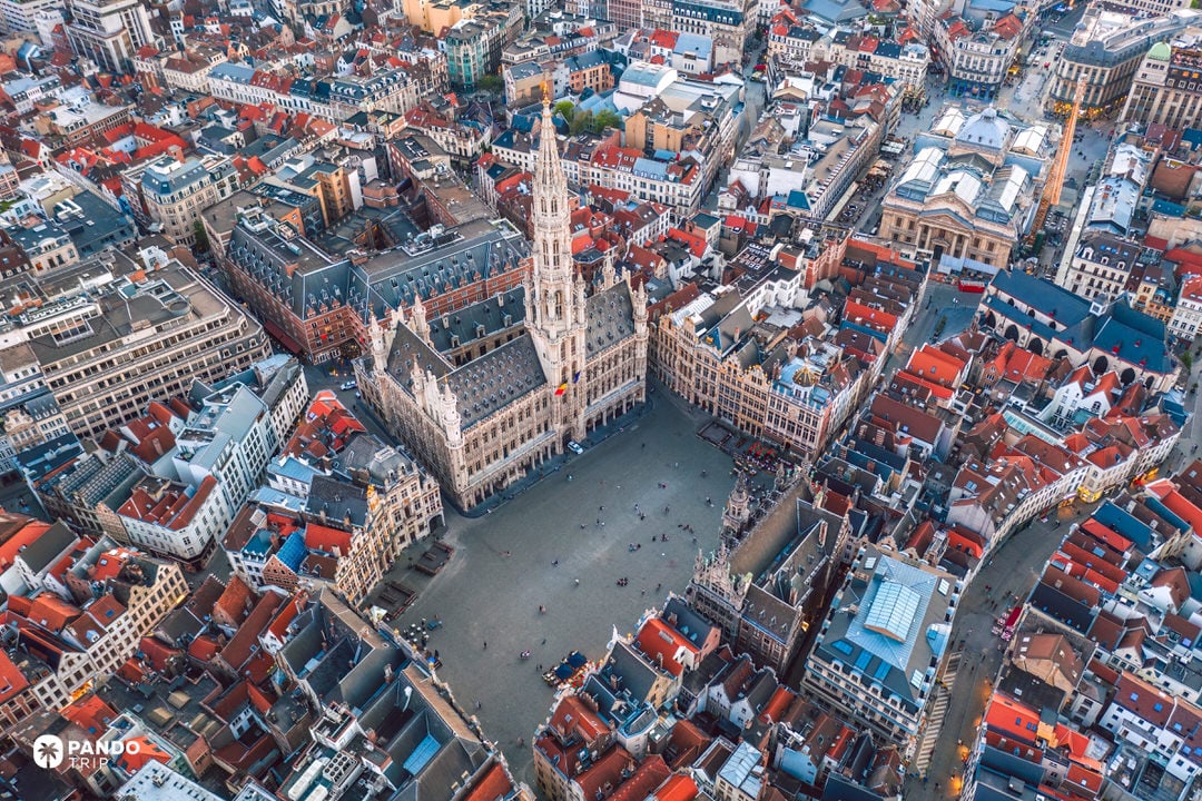 Aerial of Brussels’ Grand Place and Gothic Town Hall, UNESCO-listed historic square