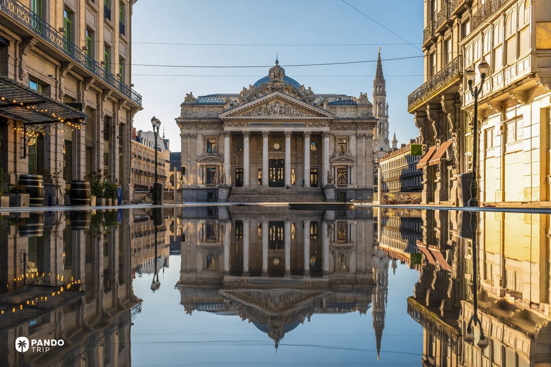 Neoclassical Brussels Stock Exchange (Bourse/Beurs) colonnaded façade in the city centre