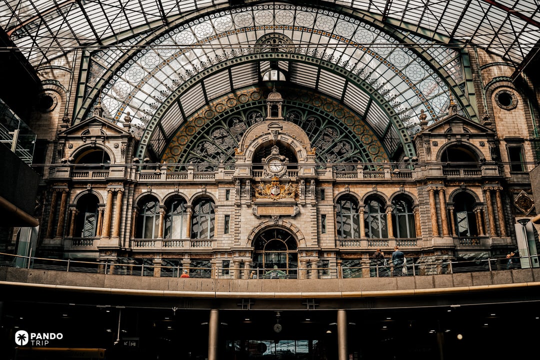 Interior façade and iron-and-glass roof of Antwerp Central Station, Belgium