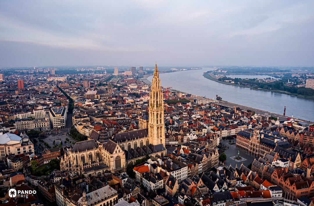 Aerial of Antwerp old town with Cathedral of Our Lady beside the River Scheldt