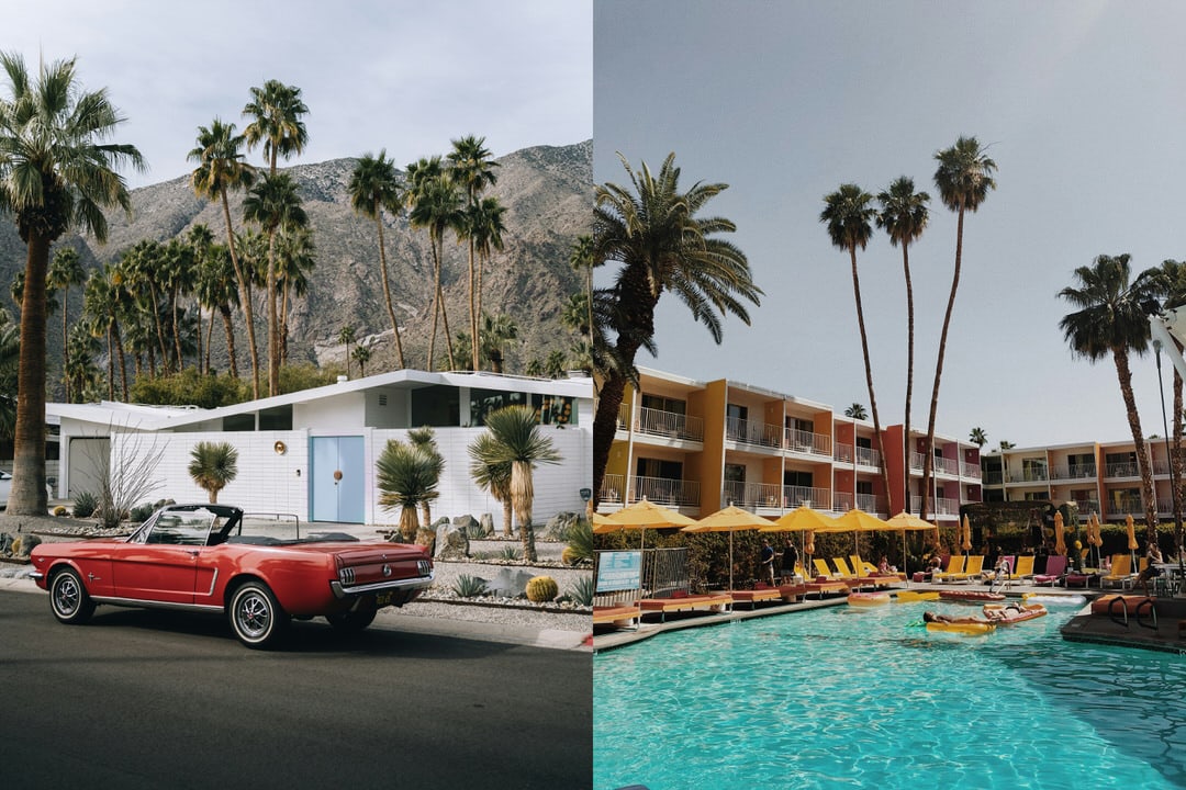 Split image showing a red vintage Mustang in front of a mid-century home and the colorful pool at The Saguaro Palm Springs.