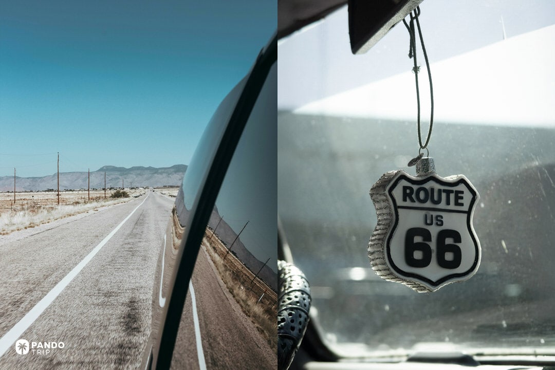 Collage with a view of Route 66 stretching into the distance reflected in a car window on the left, and a Route US 66 shield ornament hanging from a rear-view mirror on the right.