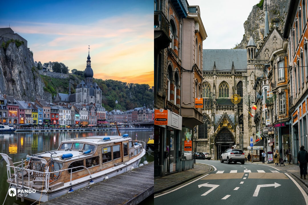 Dinant waterfront and street scenes with the Collegiate Church of Notre-Dame by the Meuse