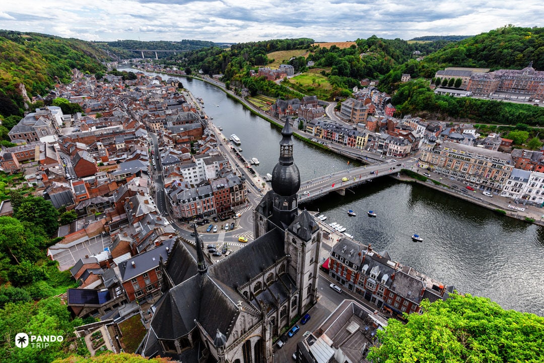 Aerial over Dinant’s Collegiate Church of Notre-Dame and the Meuse River valley