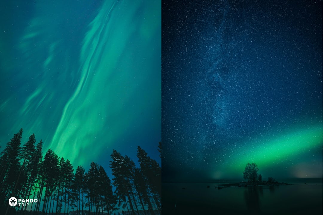 Collage showing the northern lights over dark pine forest on the left and a star-filled sky with aurora over a calm lake and small island on the right near Oulu, Finland.