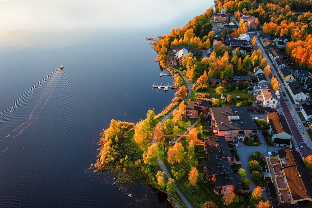 Aerial view of Oulu’s lakeshore in autumn, with golden trees, small harbour docks and residential houses along the water in northern Finland.