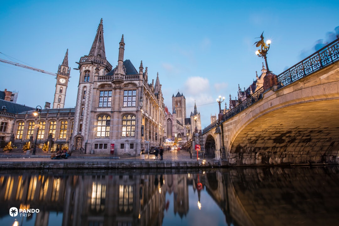 Twilight on St Michael’s Bridge and the Graslei, with St Nicholas’ Church and the Belfry, Ghent