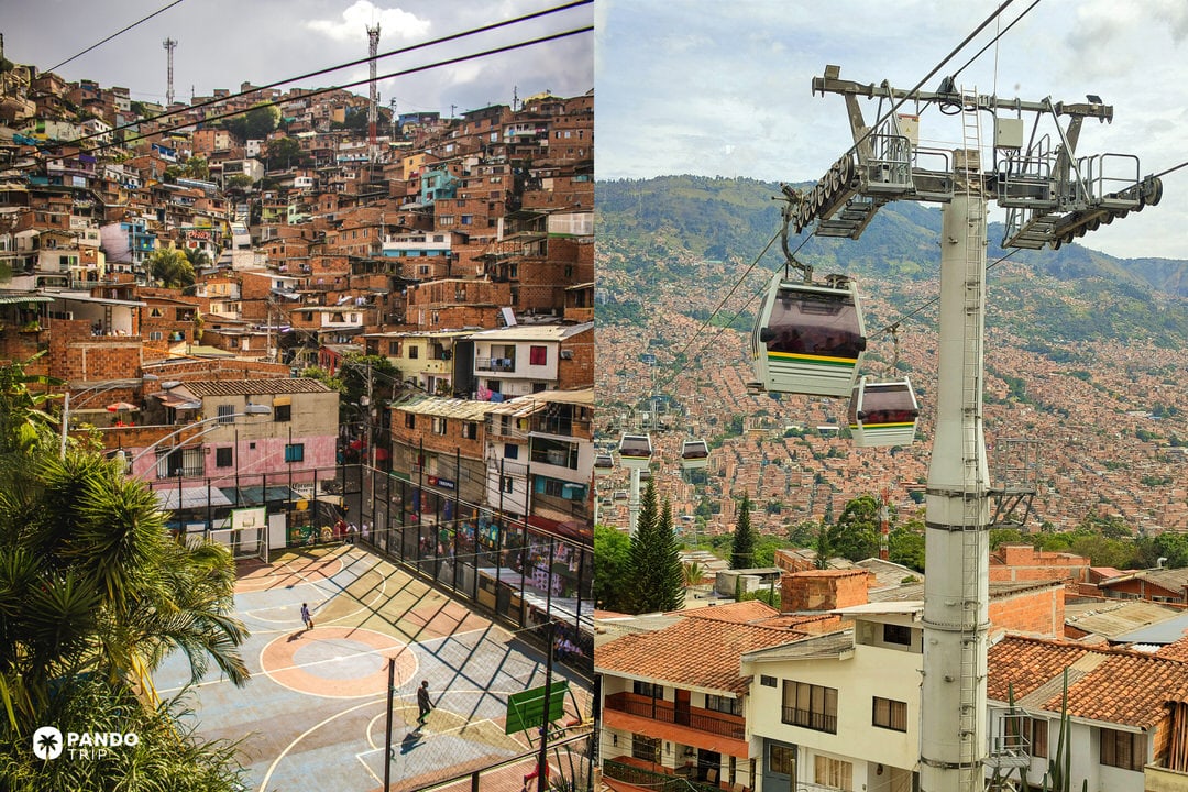 Collage of Medellín’s hillside barrios and Metrocable cable cars gliding above dense brick housing in the Aburrá Valley.