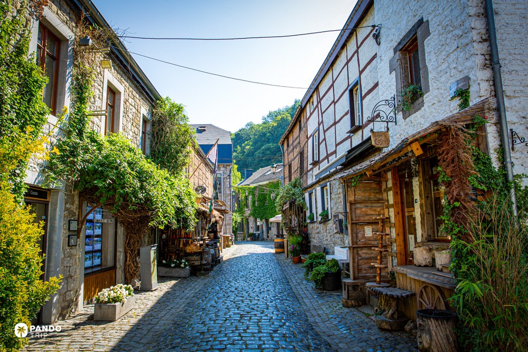 Half-timbered and stone houses along a narrow cobbled street in Durbuy, Belgium