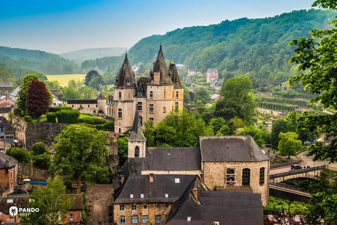 Durbuy Castle rising above the Ourthe valley and medieval rooftops, Wallonia