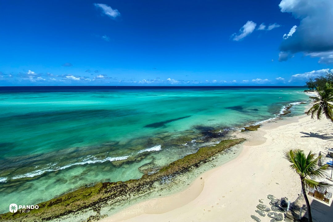 Wide view of a quiet white sand beach and turquoise Caribbean Sea on the west coast of Barbados under a clear blue sky.
