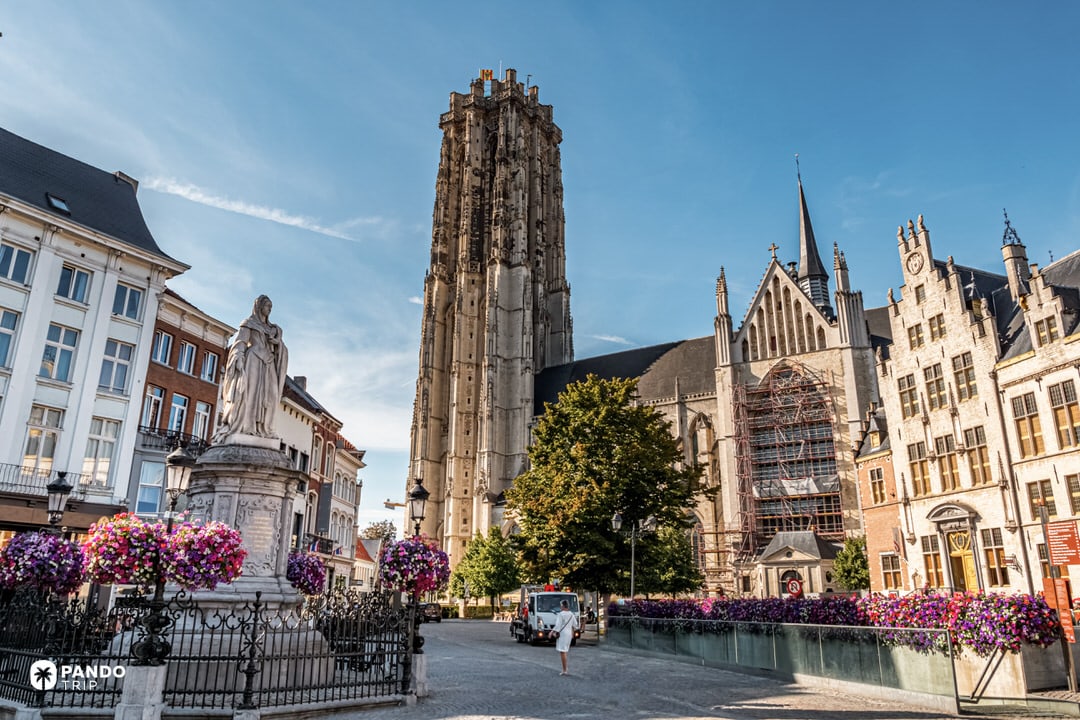 St. Rumbold’s Cathedral tower in Mechelen beside historic houses and flower displays