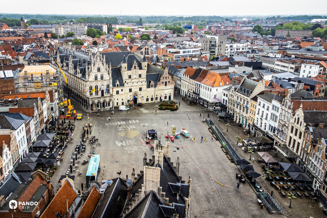 Aerial of Mechelen’s Grote Markt and City Hall complex in the historic center