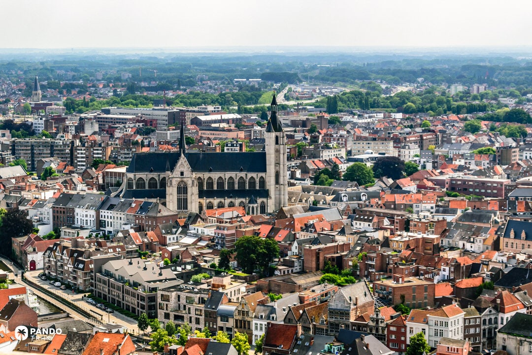 Panorama of Mechelen skyline with Church of Our Lady across the Dyle
