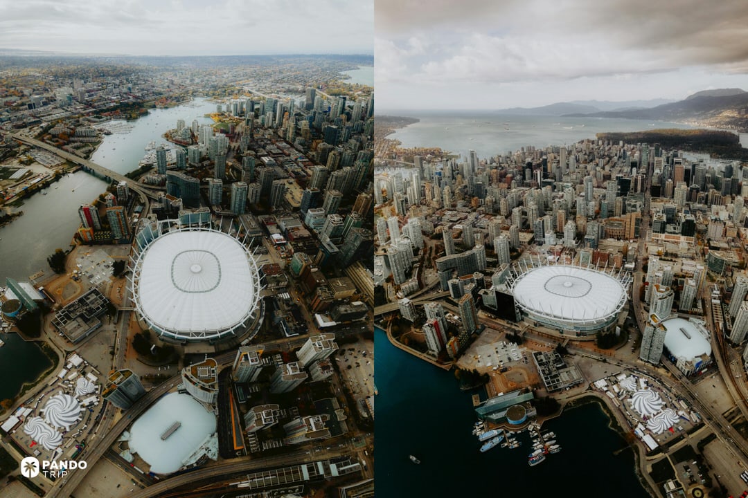 Aerial view of BC Place stadium and downtown Vancouver clustered around False Creek on an overcast day in British Columbia, Canada, one of the host venues for the FIFA World Cup 2026.