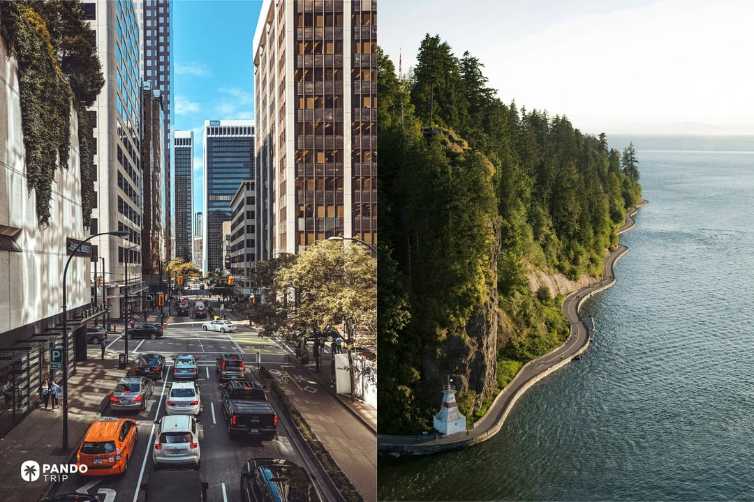 Split image showing a traffic-filled downtown Vancouver street lined with office towers on the left and the seawall curving around the forested cliffs of Stanley Park on the right, British Columbia, Canada.