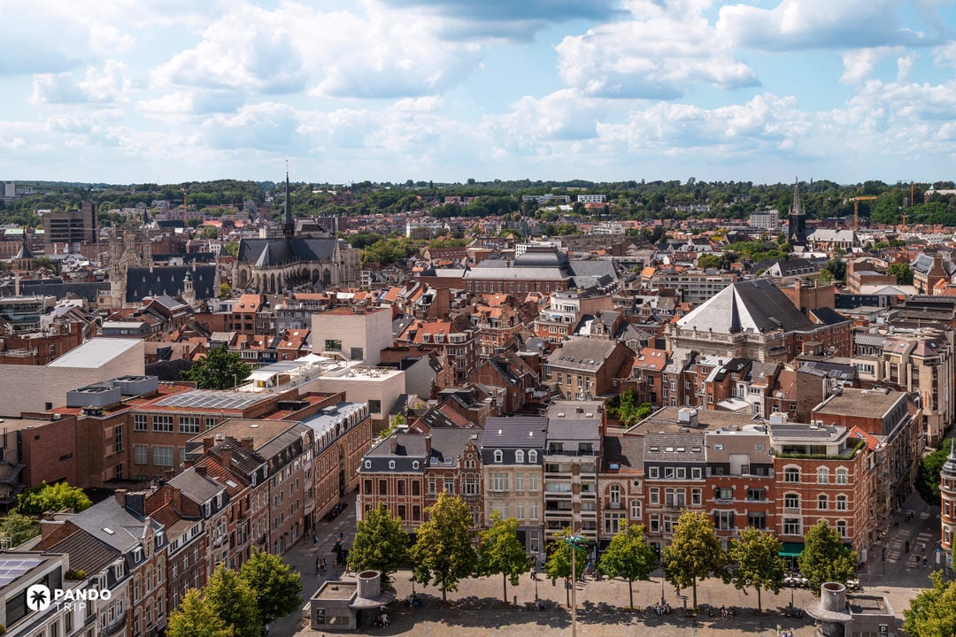 Aerial of Leuven city centre with St Peter’s Church and red-tiled roofs