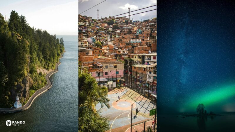 Best 2026 travel destinations showing Vancouver’s Stanley Park seawall in Canada, Medellín’s Comuna 13 hillside barrio in Colombia, and the northern lights over a lake near Oulu in Finland.