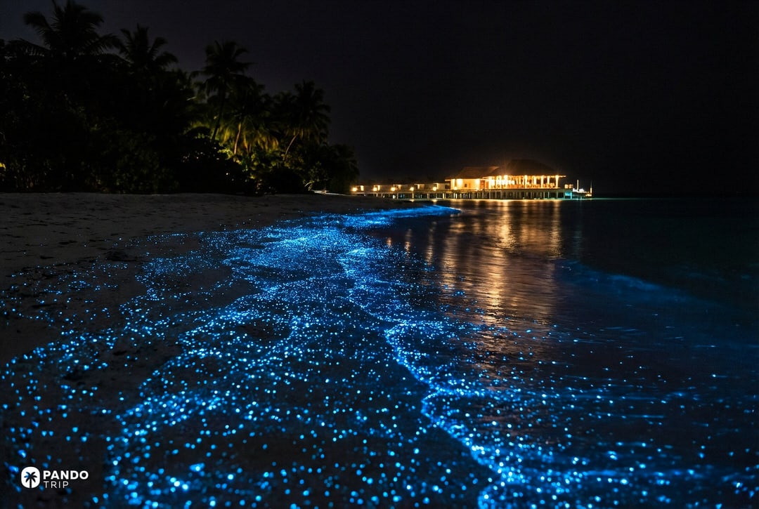 Glowing Maldives beach with bioluminescent plankton, blue surf sparkling beside a lit overwater resort at night