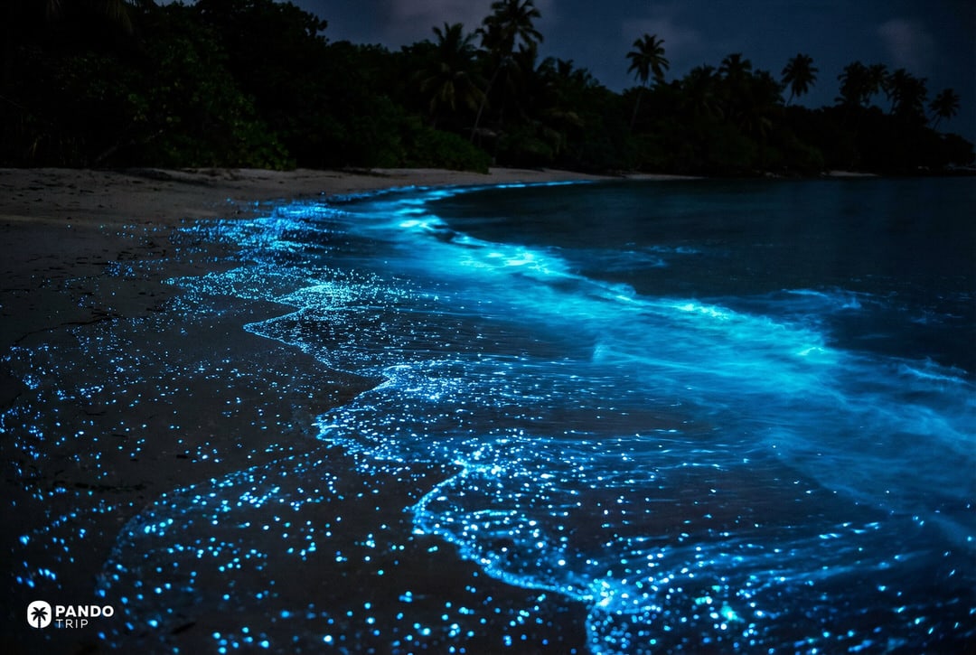 Bioluminescent waves on a Maldives island beach, blue plankton sparkles tracing the tide line after dark