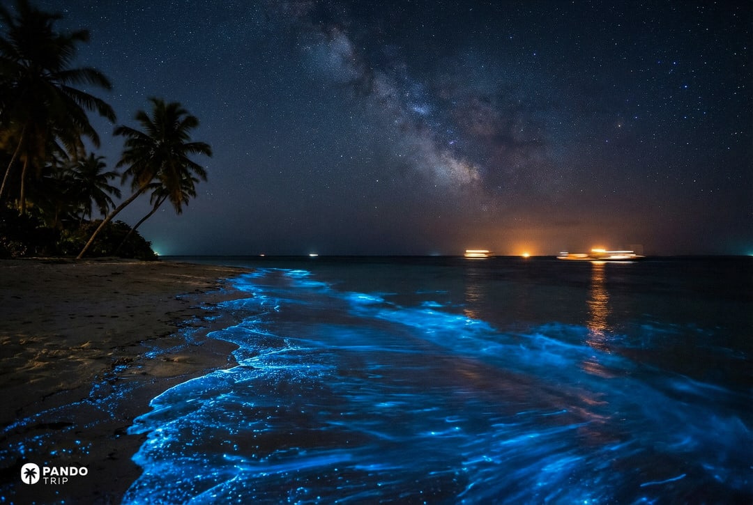 Maldives bioluminescent beach under the Milky Way, glowing blue waves creating the Sea of Stars at night