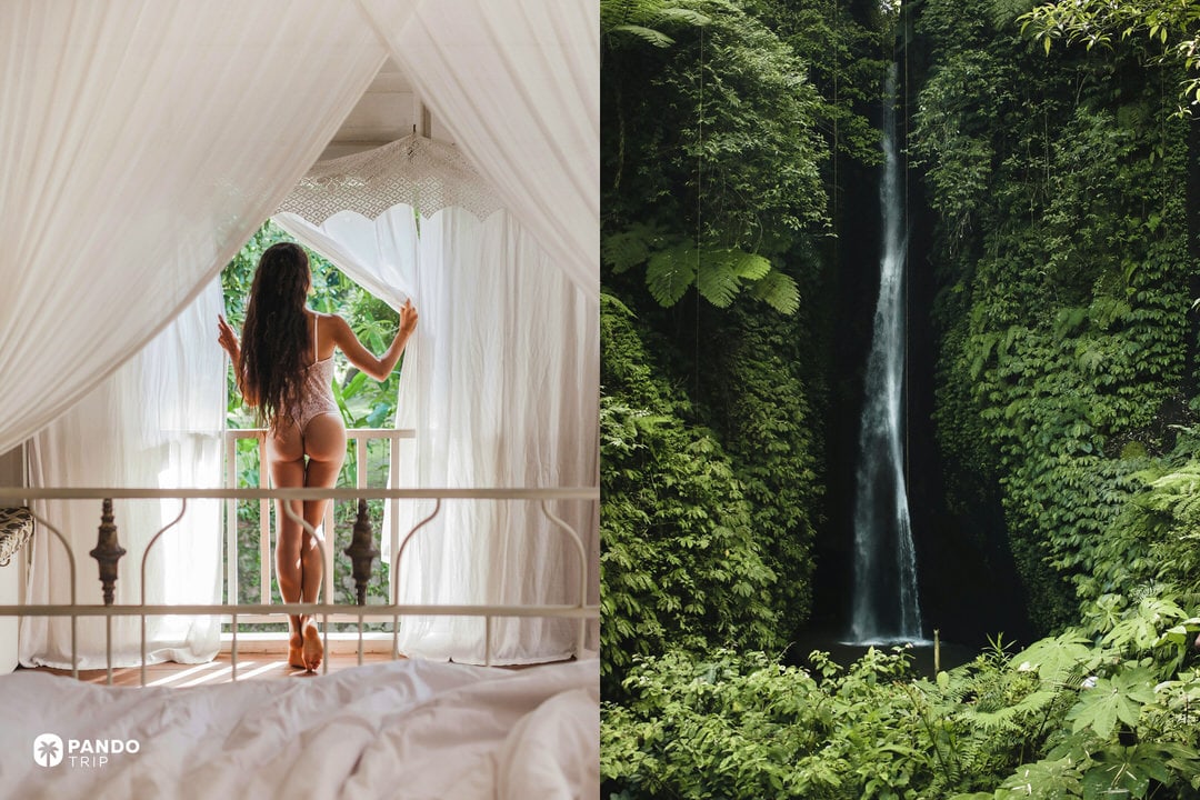 Woman in a white lace bodysuit looking out from a canopy bed toward a tropical garden, next to a towering jungle waterfall in Bali.