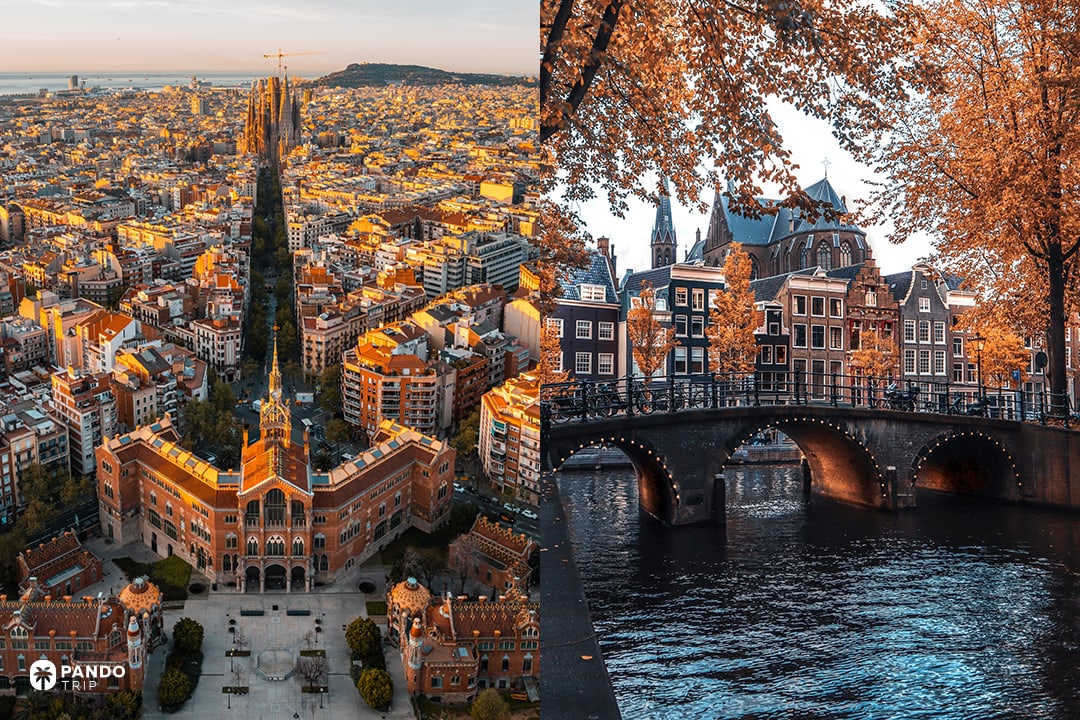 Split-screen comparing a warm, aerial view of Barcelona's Eixample district on the left with a moody, tree-lined canal scene in Amsterdam on the right.