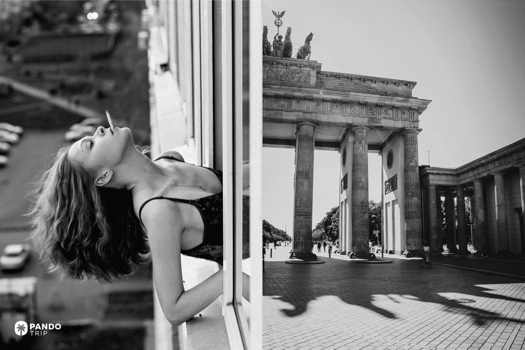 Black and white photo of a woman leaning out of a window wearing a black camisole, split with a view of the Brandenburg Gate in Berlin.