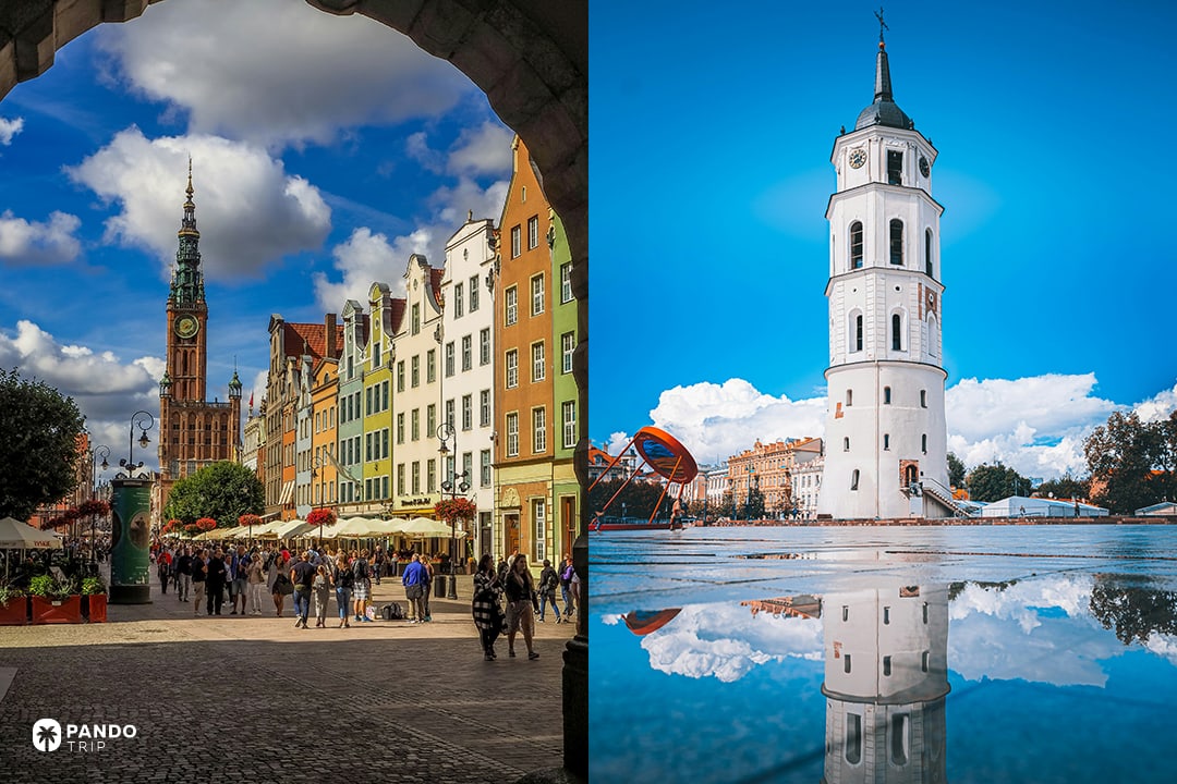 Split-screen: Historic Long Market in Gdańsk (left) vs. Vilnius Cathedral Square (right).