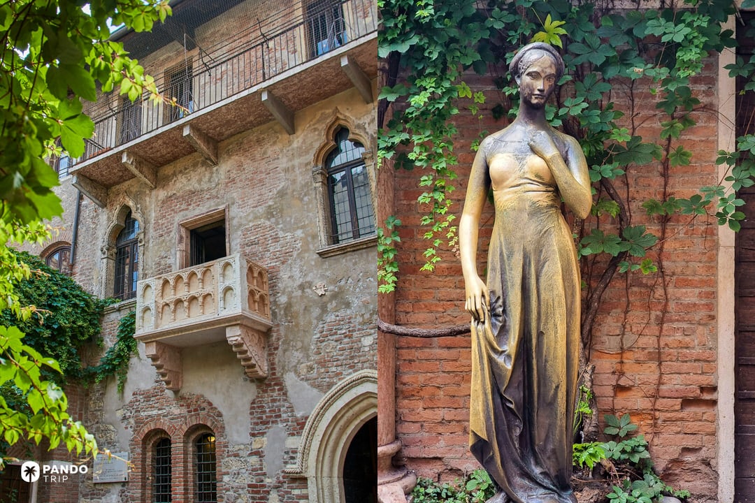 Split image showing the stone balcony at Juliet's House on the left and the bronze statue of Juliet in the courtyard on the right.