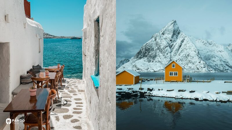 A split-screen comparison illustrating European diversity: on the left, a sunny, whitewashed terrace with wooden tables overlooking the blue Mediterranean Sea; on the right, a bright yellow cabin nestled at the foot of a snowy, jagged mountain in the Nordic Arctic.